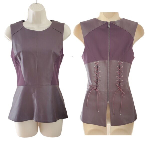 Veronica Beard Tops - Veronica Beard 0 Leather Corset Back Vest Peplum Sleeveless Burgundy Plum Tank